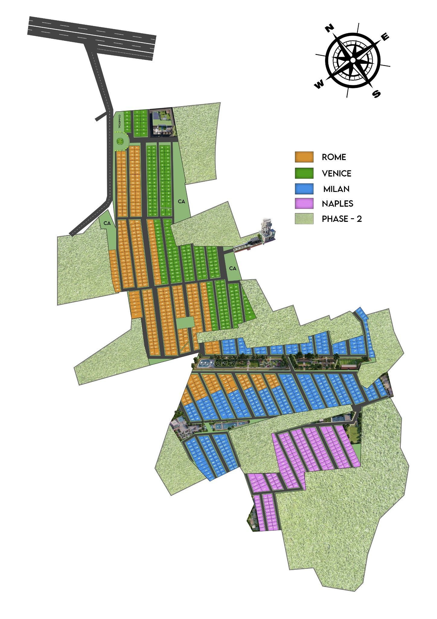 SJR Vivo City master plan showing Rome, Venice, Milan, Naples and Phase 2 plotted zones